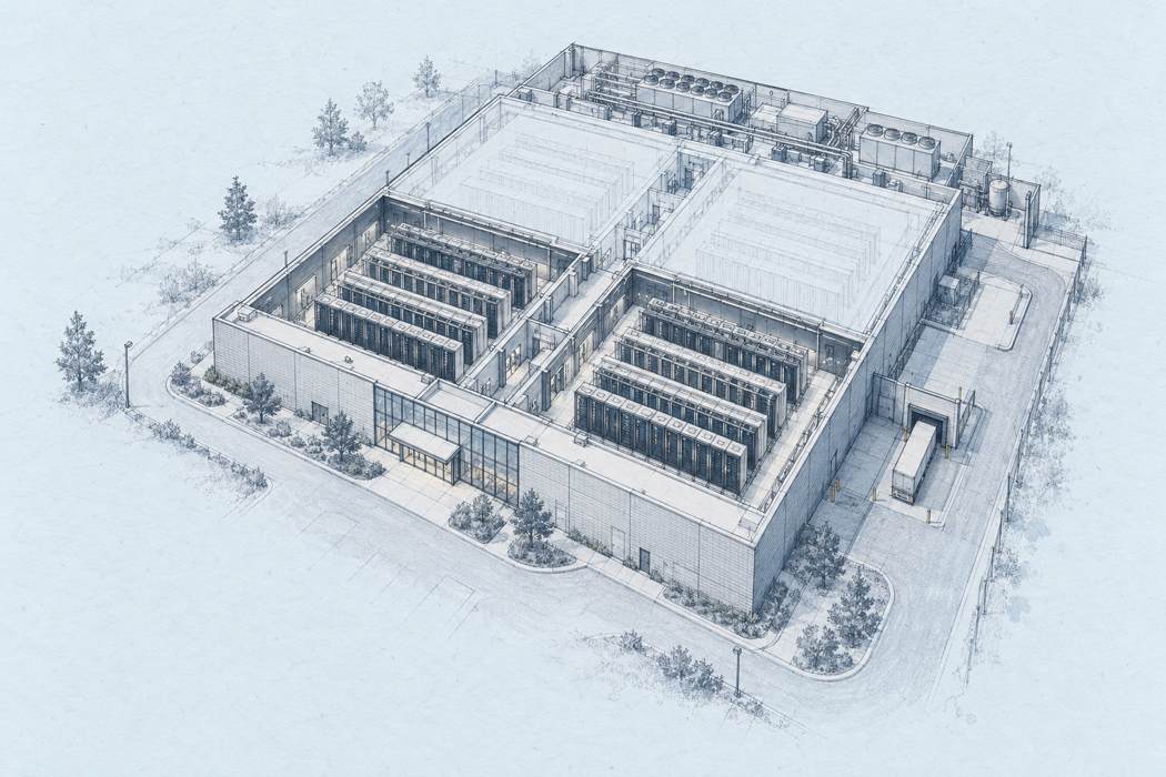 Architectural sketch of the proposed regional data centre, with two fitted halls and two outlined halls for a later stage