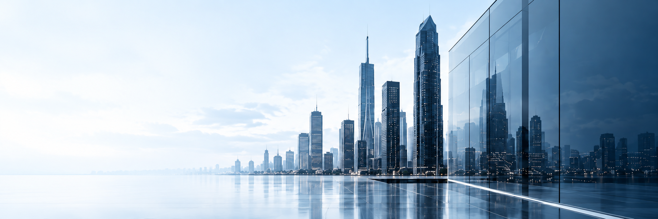 Blue financial district skyline, glass architecture and reflections