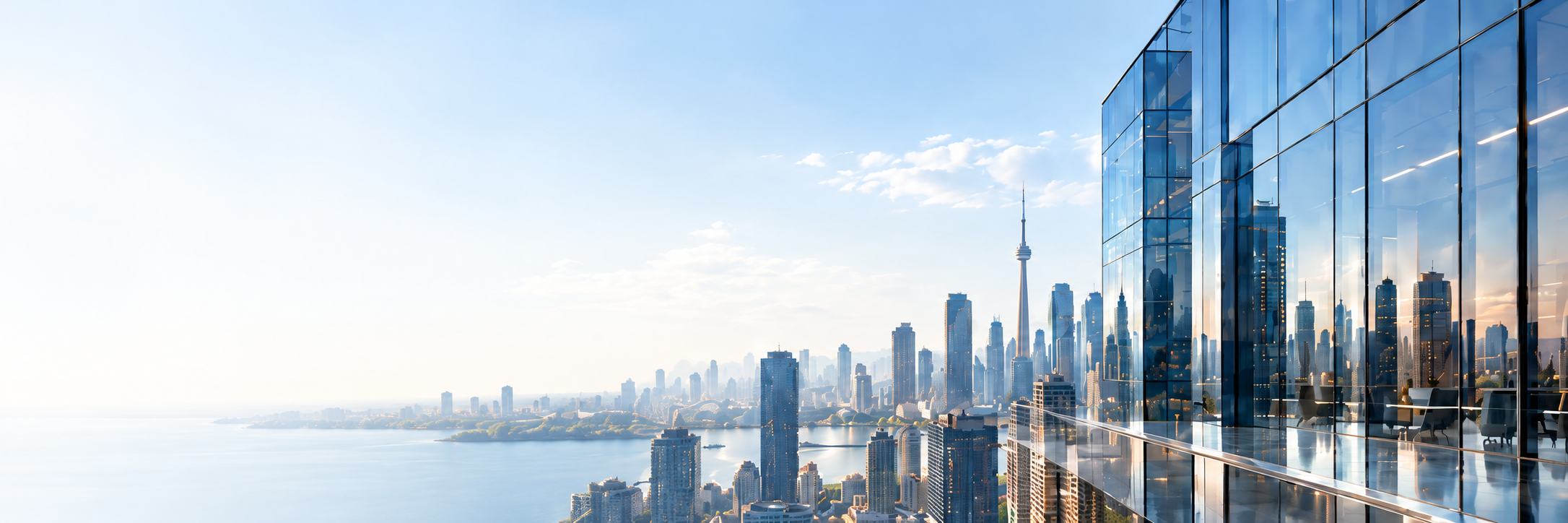 Toronto skyline and CN Tower beside reflective modern glass architecture